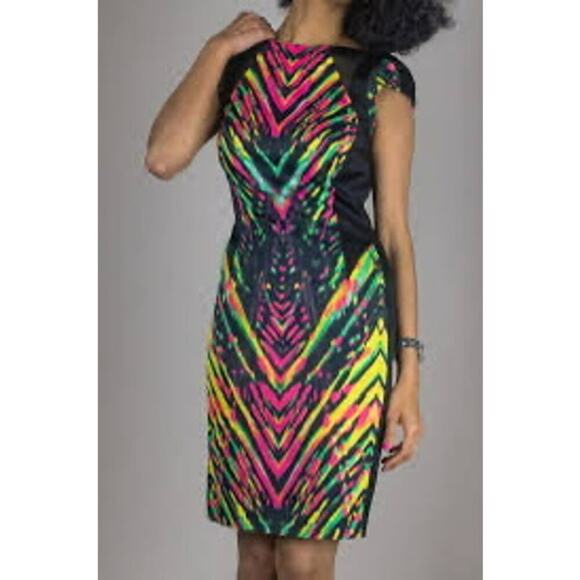 Karen Millen Abstract Tribal Black Dress Celebrity Neon Hot Midi Bodycon Size 8 - Picture 7 of 12